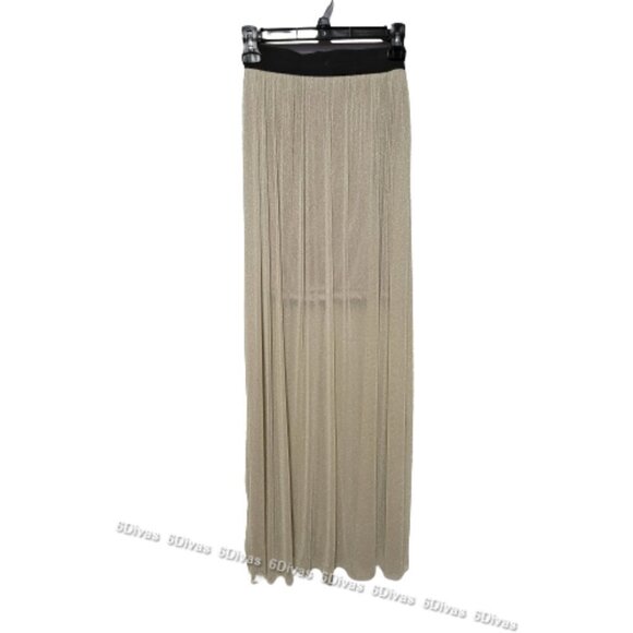 SHIMMERING elastic waist flare pleated long beige sheer skirt size L - Picture 6 of 11
